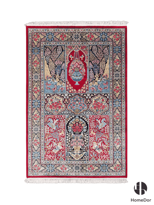 Kashmir Handmade Mulberry Silk Red Floral & Scenic Panel Rug 119cm × 180cm