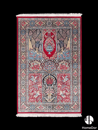 Kashmir Handmade Mulberry Silk Red Floral & Scenic Panel Rug 119cm × 180cm1