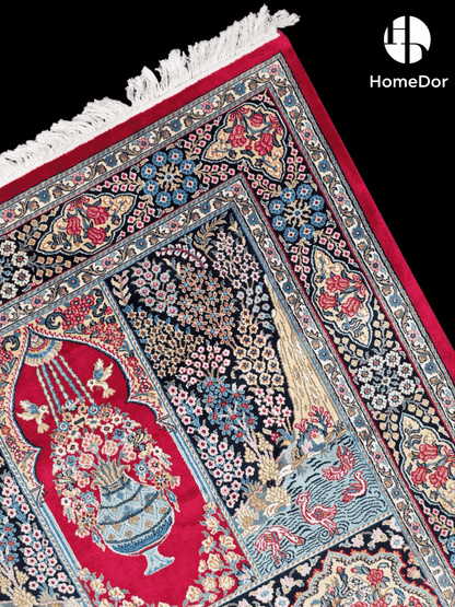 Kashmir Handmade Mulberry Silk Red Floral & Scenic Panel Rug 119cm × 180cm2