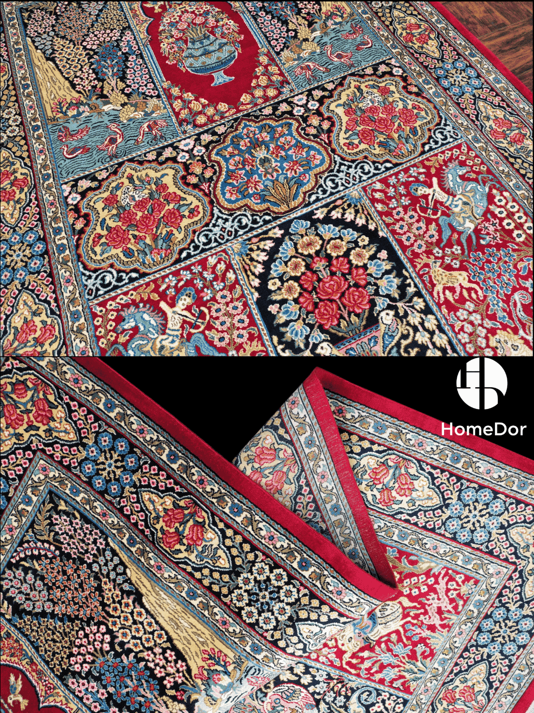 Kashmir Handmade Mulberry Silk Red Floral & Scenic Panel Rug 119cm × 180cm3