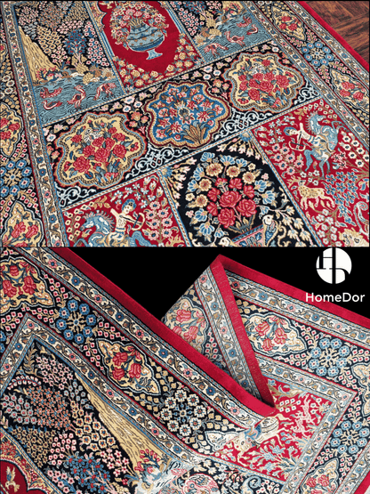 Kashmir Handmade Mulberry Silk Red Floral & Scenic Panel Rug 119cm × 180cm3