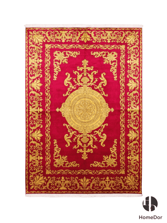 Kashmir Handmade Mulberry Silk Red & Gold Medallion Rug 188cm × 272cm