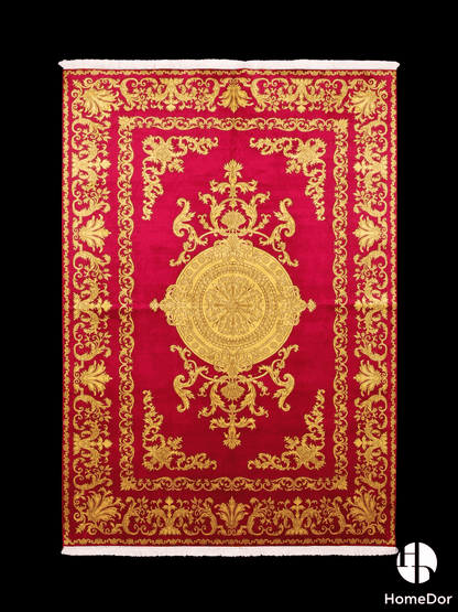 Kashmir Handmade Mulberry Silk Red & Gold Medallion Rug 188cm × 272cm1
