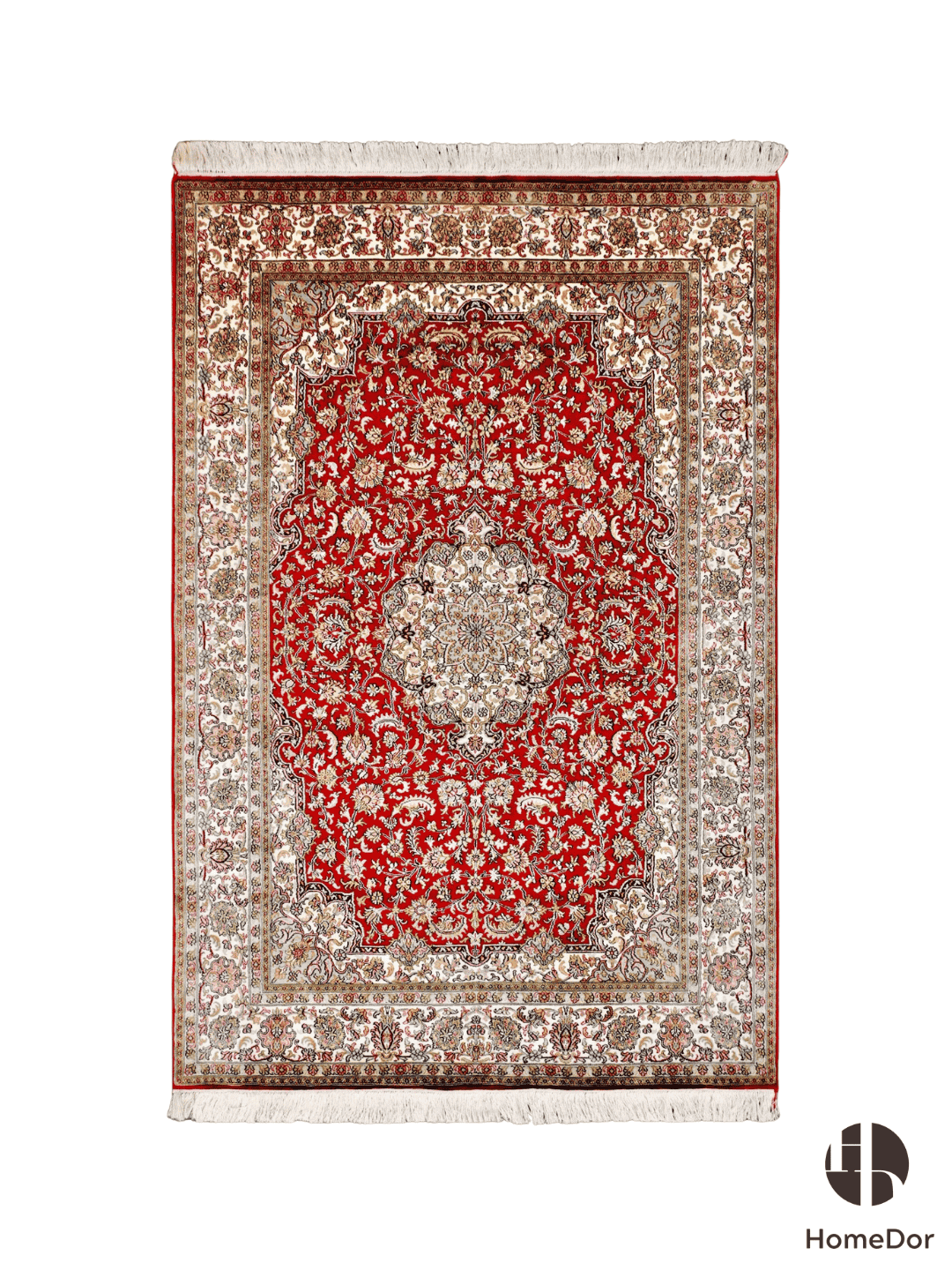 Kashmir Handmade Mulberry Silk Red Medallion Classic Rug 123cm × 189cm