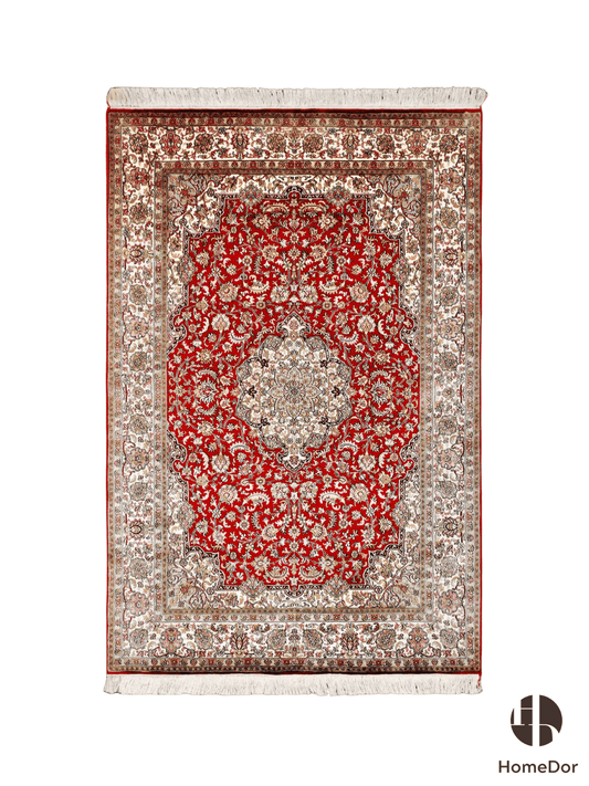 Kashmir Handmade Mulberry Silk Red Medallion Classic Rug 123cm × 189cm