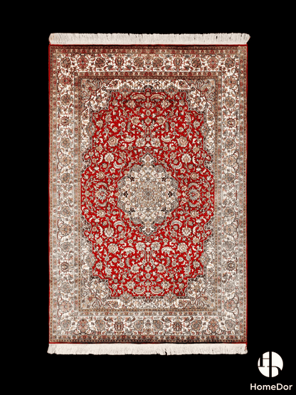 Kashmir Handmade Mulberry Silk Red Medallion Classic Rug 123cm × 189cm1