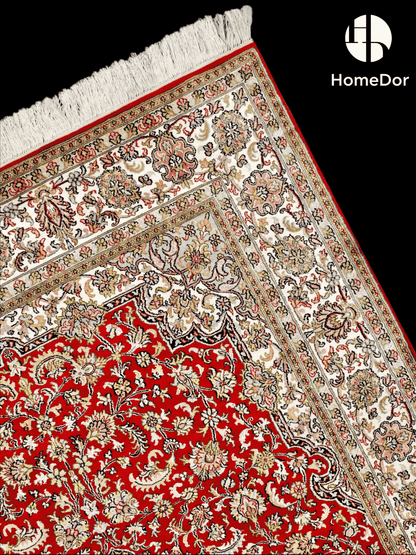 Kashmir Handmade Mulberry Silk Red Medallion Classic Rug 123cm × 189cm3