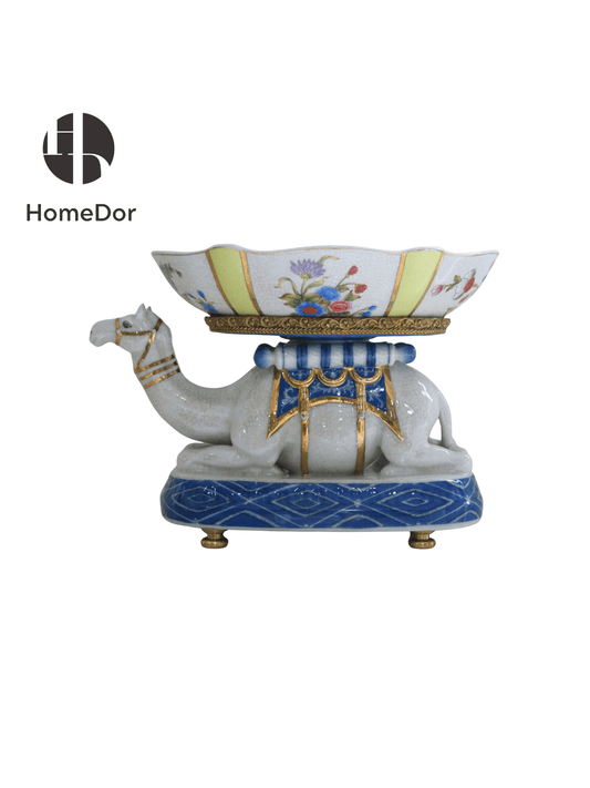 Luxe Camel Base Enameled Porcelain Decor with Floral Bowl & Brass Details1