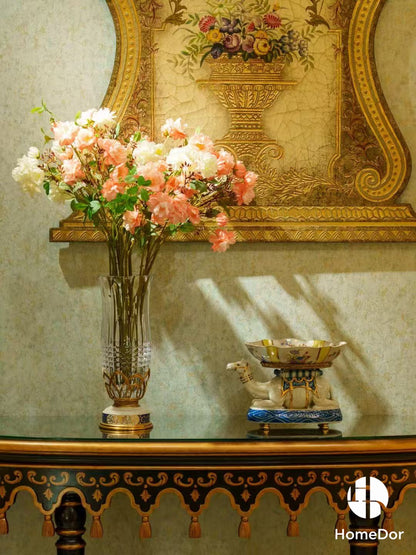 Luxe Camel Base Enameled Porcelain Decor with Floral Bowl & Brass Details3