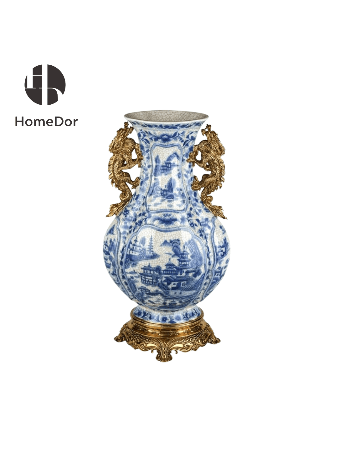 Luxe Chinoiserie Blue and White Porcelain Vase with Imperial Loong Brass Embellishments