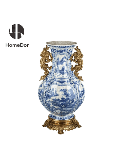 Luxe Chinoiserie Blue and White Porcelain Vase with Imperial Loong Brass Embellishments
