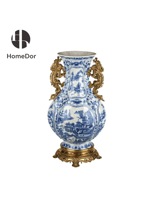 Luxe Chinoiserie Blue and White Porcelain Vase with Imperial Loong Brass Embellishments