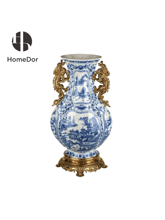 Luxe Chinoiserie Blue and White Porcelain Vase with Imperial Loong Brass Embellishments