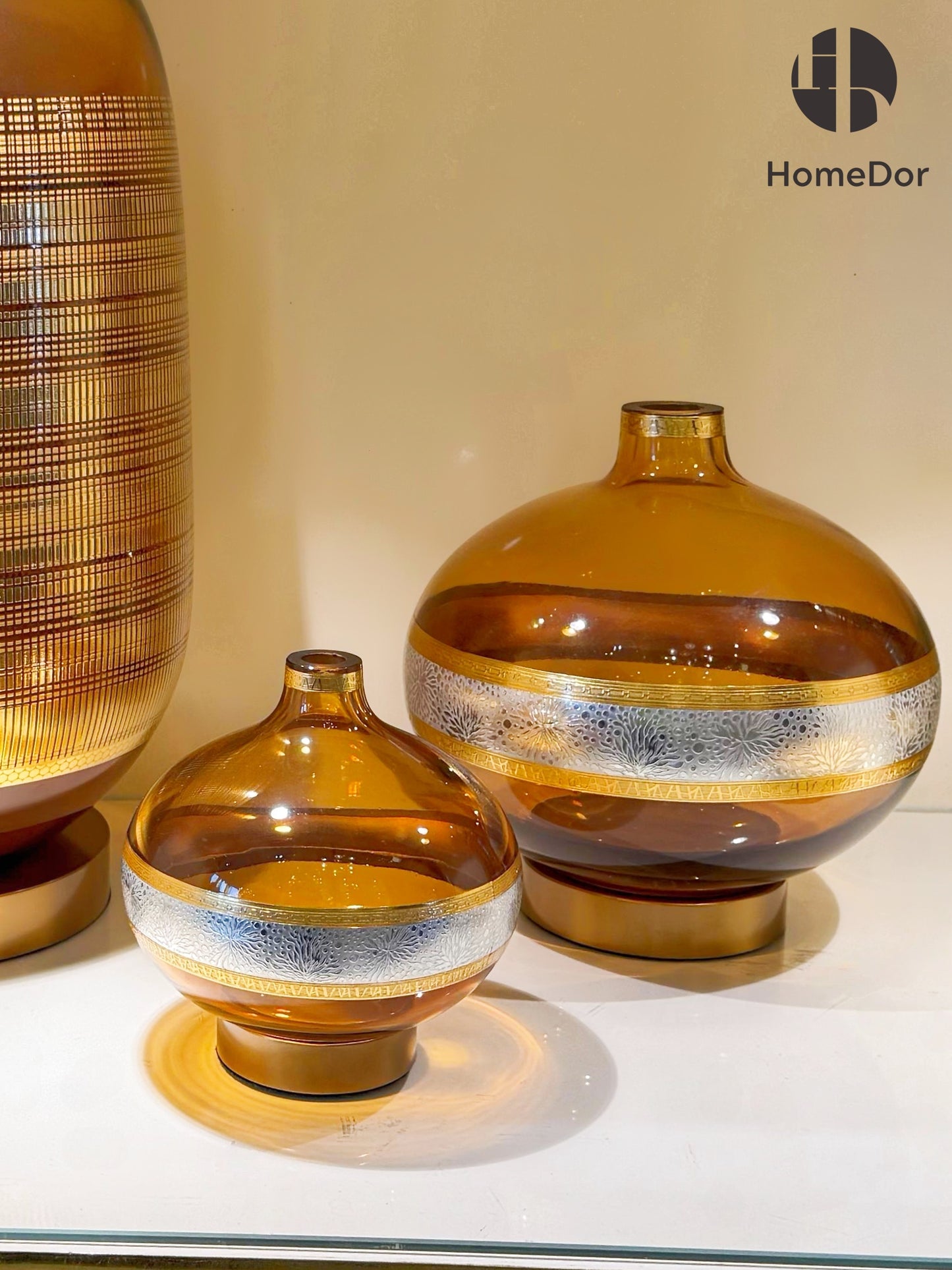 HomeDor × FH&Home | Luxury Amber Glass & Brass Decorative Vase Set