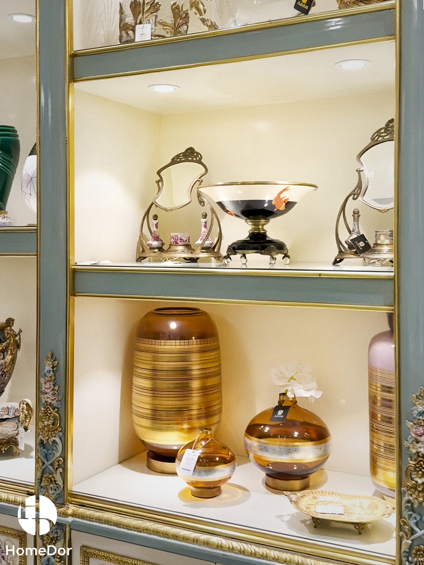 HomeDor × FH&Home | Luxury Amber Glass & Brass Decorative Vase Set