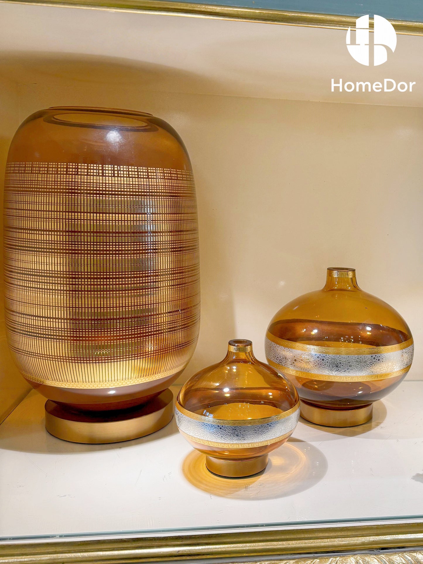 HomeDor × FH&Home | Luxury Amber Glass & Brass Decorative Vase Set