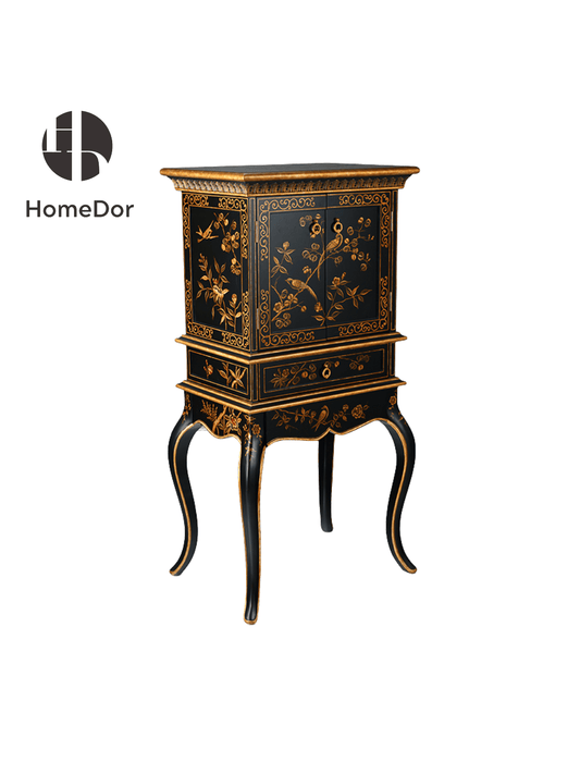 Luxury Black Lacquered Side Cabinet/Cabinet with Goldern Bird and Floral Accents