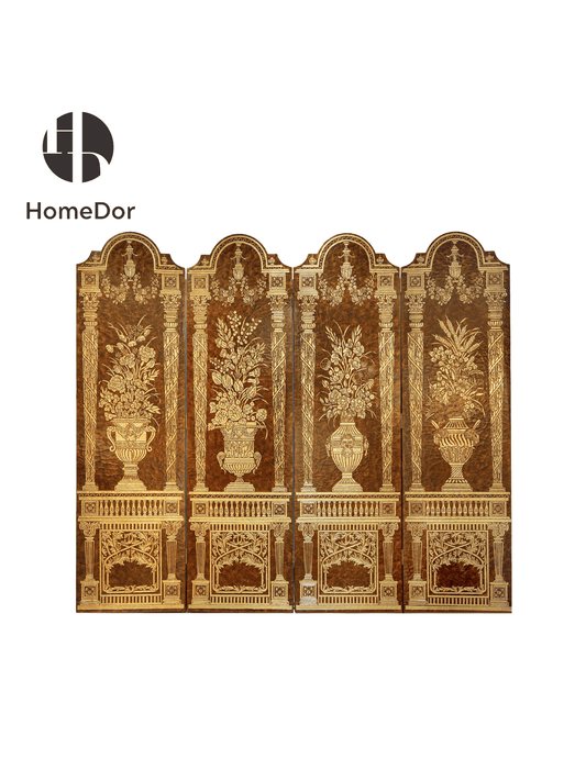 Luxury Brown and Gold Carved Room Divider with Floral Vase Elements1