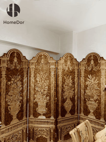 Luxury Brown and Gold Carved Room Divider with Floral Vase Elements2