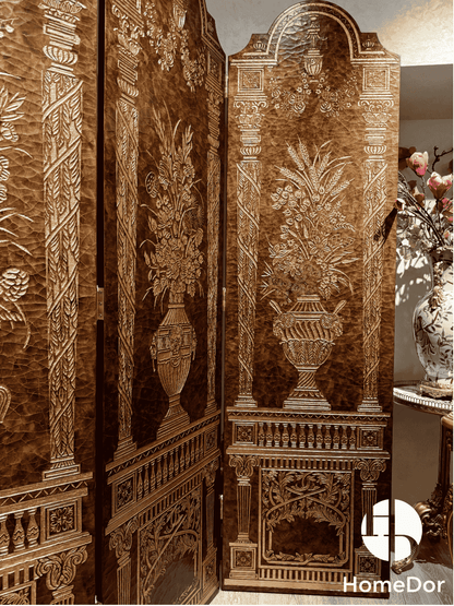 Luxury Brown and Gold Carved Room Divider with Floral Vase Elements3