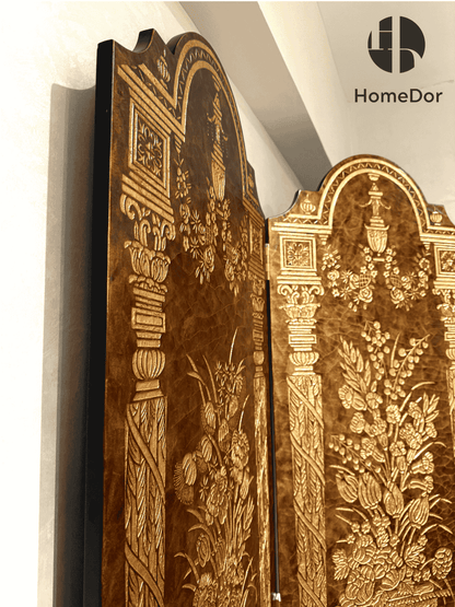 Luxury Brown and Gold Carved Room Divider with Floral Vase Elements4