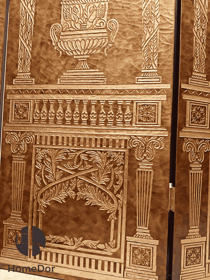 Luxury Brown and Gold Carved Room Divider with Floral Vase Elements5