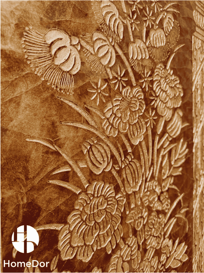 Luxury Brown and Gold Carved Room Divider with Floral Vase Elements7