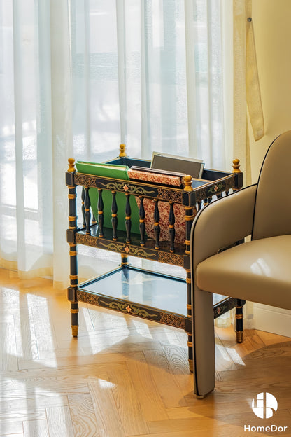 HomeDor Luxury Chinoiserie Hand-Painted Crane Pine Magazine Rack Shelf