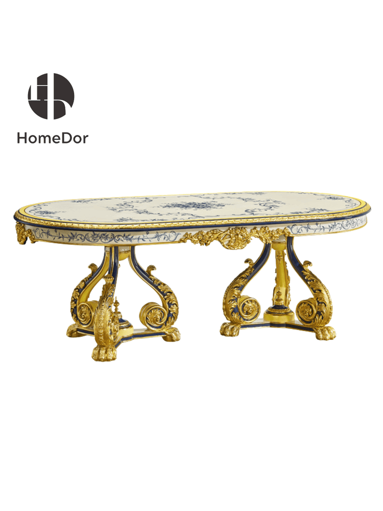 Luxury Dining Table with Blue - White Floral Motifs & Gold Embellishments