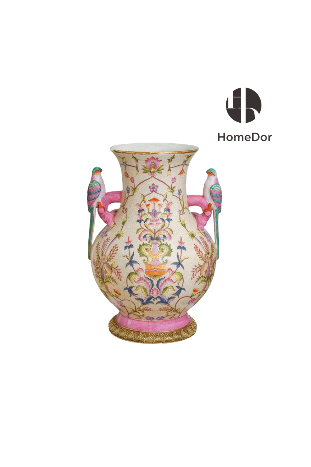 Luxury Floral Porcelain Vase with Colorful Bird Accents
