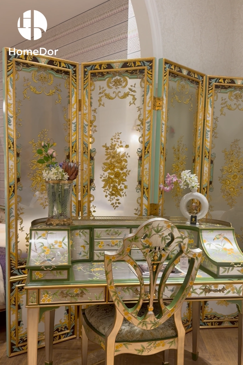 HomeDor × FH&Home | Vintage Luxury Chinoiserie Silver & Gold Painted Secretary Desk