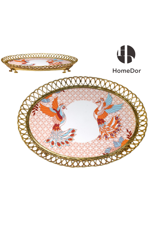 Luxury Hand Painted Phoenix Design Brass Rimmed Tray
