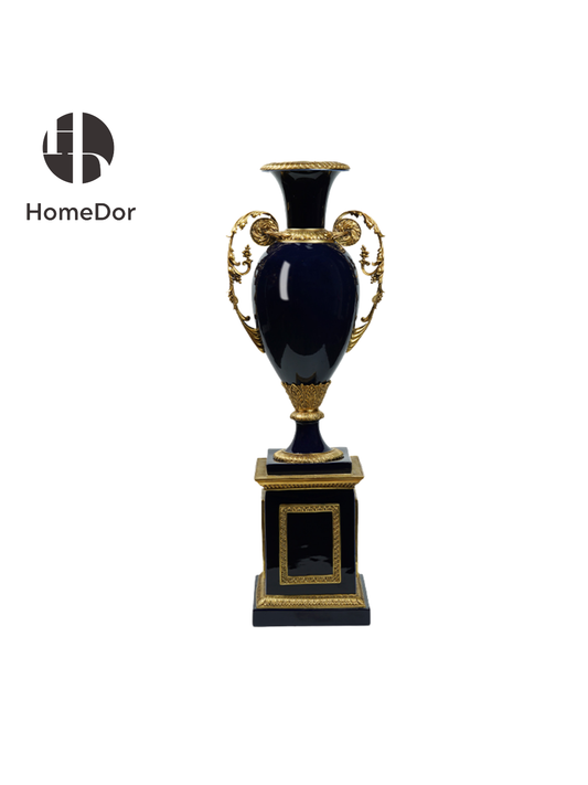 Luxury Navy Blue Porcelain Vases with Ornate Brass Decor&Pedestal Base