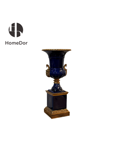 Luxury Navy Blue Porcelain Vases with Ornate Brass Decor&Pedestal Base1