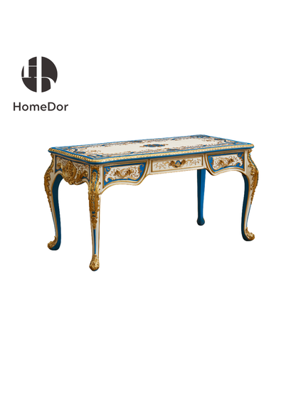 this writing desk redefines workspace and decor with its dramatic silhouette and intricate detailing