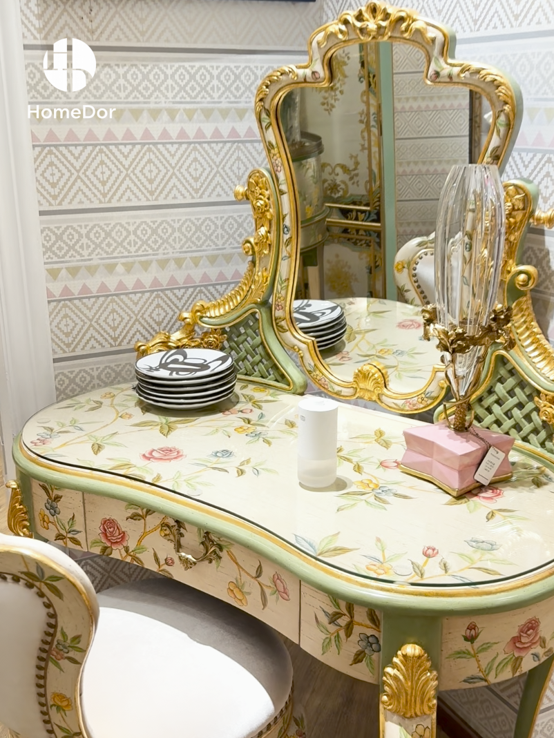 HomeDor × FH&Home | Luxury Rococo Hand-Painted Floral Dressing Table with Ornate Mirror