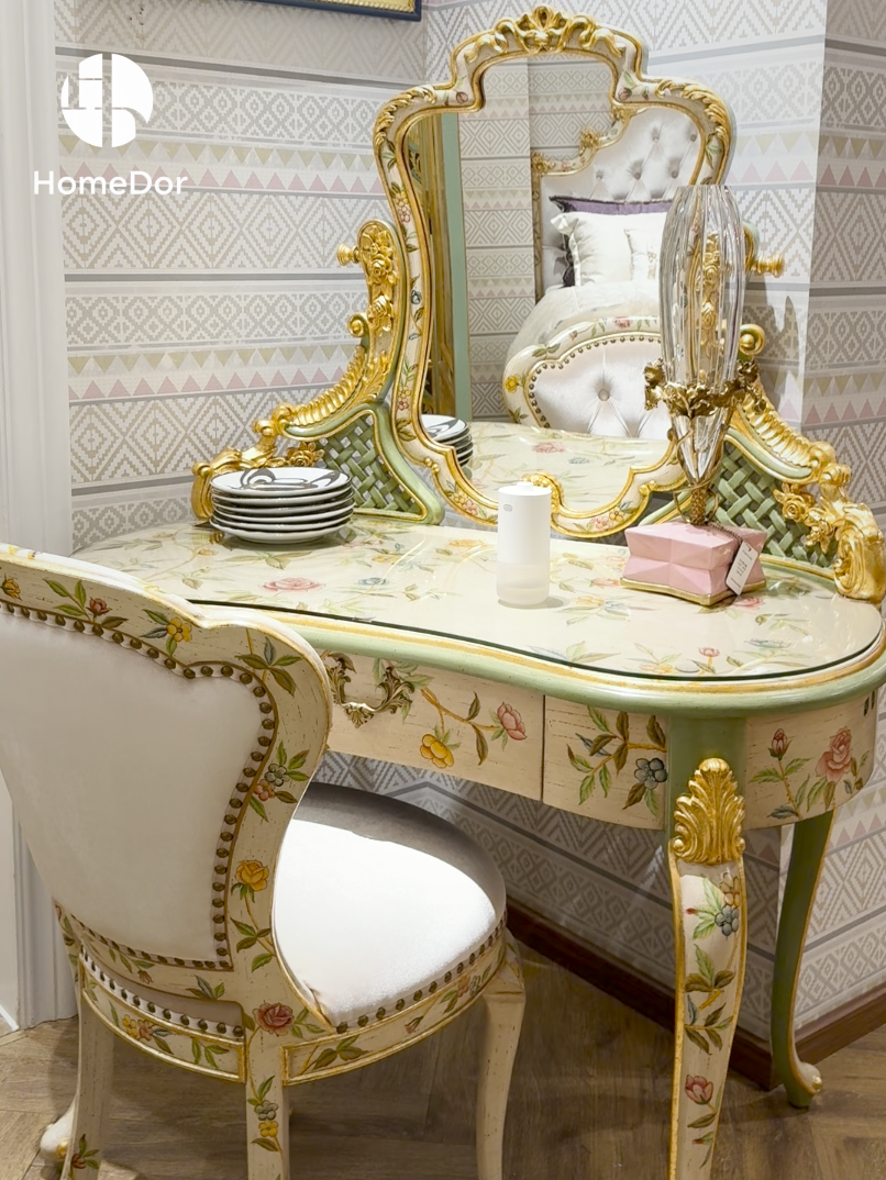 HomeDor × FH&Home | Luxury Rococo Hand-Painted Floral Dressing Table with Ornate Mirror