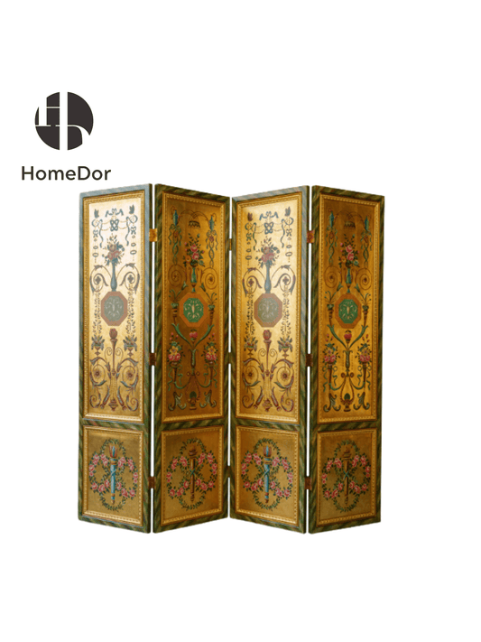 Luxury Textured Gold Toned 4-Panel Room Divider with Elegant Floral and Ornamental Designs