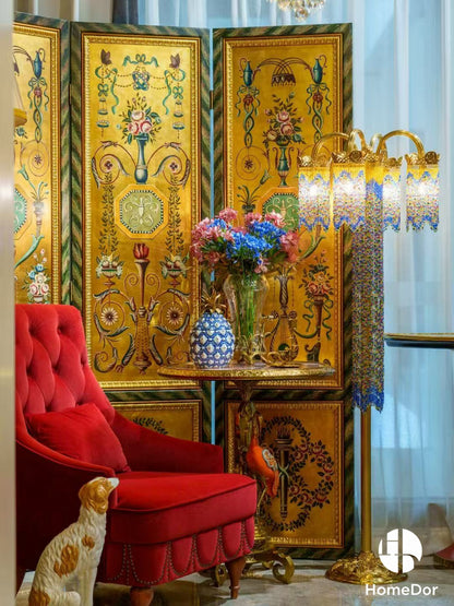 Luxury Textured Gold Toned 4-Panel Room Divider with Elegant Floral and Ornamental Designs2