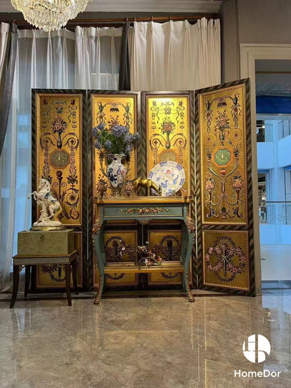Luxury Textured Gold Toned 4-Panel Room Divider with Elegant Floral and Ornamental Designs
6