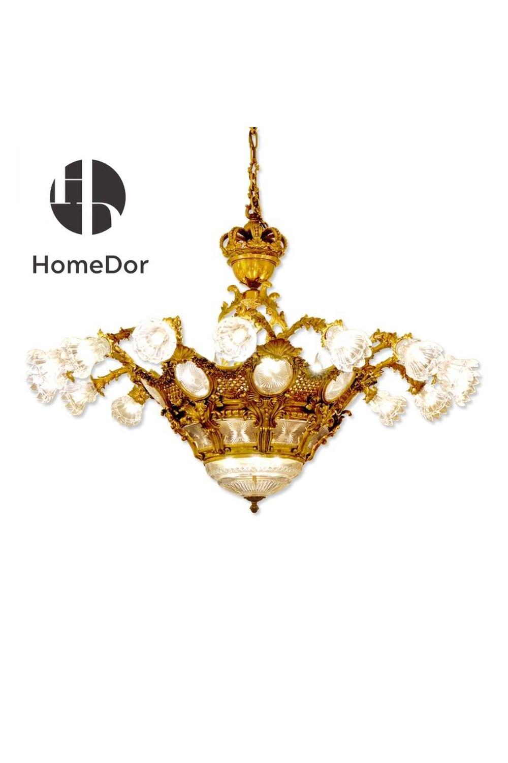 HomeDor-HomeDor × FH&Home | Royal Crown Brass Chandelier with Glass Floral Shades-Chandeliers-D158 cm × H120 cm-Warm Light-