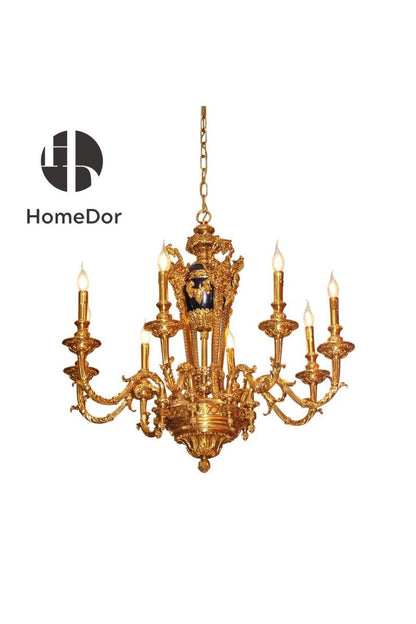 HomeDor-HomeDor × FH&Home | Baroque-Style Antique brass Chandelier with Royal Blue Porcelain Center-Chandeliers-D88 cm × H83 cm-Warm Light-
