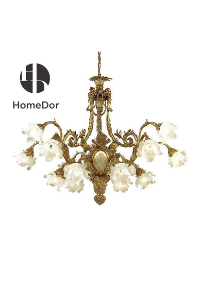 HomeDor-HomeDor × FH&Home | Grand Rococo Brass Chandelier with Frosted Glass Floral Shades-Chandeliers-D125 cm × H100 cm-Warm Light-