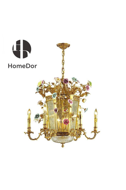 HomeDor-HomeDor × FH&Home | Romantic Brass Chandelier with Colorful Porcelain Floral Accents-Chandeliers-L70 cm × W70 cm × H70 cm-Warm Light-