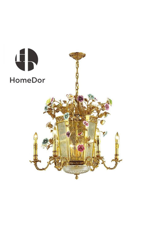 HomeDor-HomeDor × FH&Home | Romantic Brass Chandelier with Colorful Porcelain Floral Accents-Chandeliers-L70 cm × W70 cm × H70 cm-Warm Light-