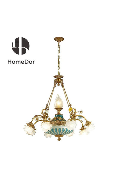 HomeDor-HomeDor × FH&Home | Vintage Brass Flower Chandelier with Mediterranean Blue-White Porcelain-Chandeliers-D90cm × H90cm-Warm Light-