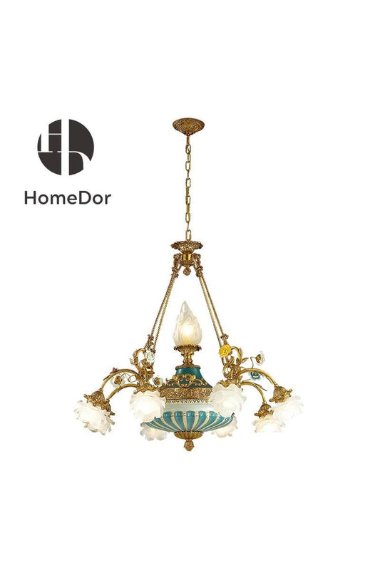 HomeDor-HomeDor × FH&Home | Vintage Brass Flower Chandelier with Mediterranean Blue-White Porcelain-Chandeliers-D90cm × H90cm-Warm Light-