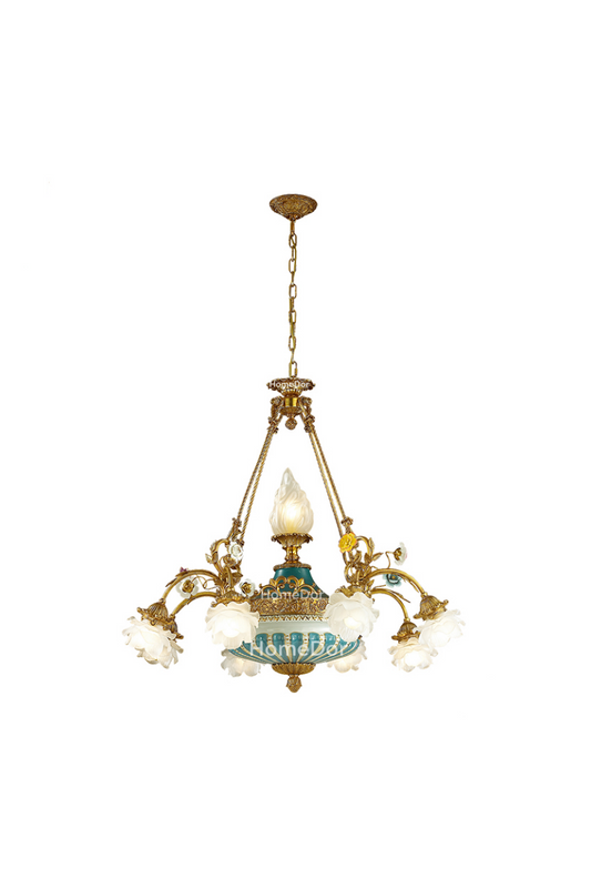 HomeDor × FH&Home | Vintage Brass Flower Chandelier with Mediterranean Blue-White Porcelain