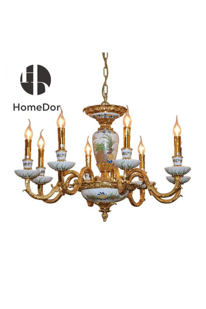 HomeDor-HomeDor × FH&Home | Ornate Brass Chandelier Featuring Hand-Painted Pineapples and Flowers-Chandeliers-D80cm × H50cm-Warm Light-