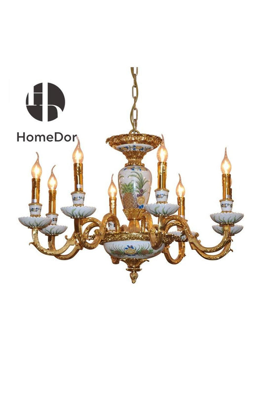 HomeDor-HomeDor × FH&Home | Ornate Brass Chandelier Featuring Hand-Painted Pineapples and Flowers-Chandeliers-D80cm × H50cm-Warm Light-
